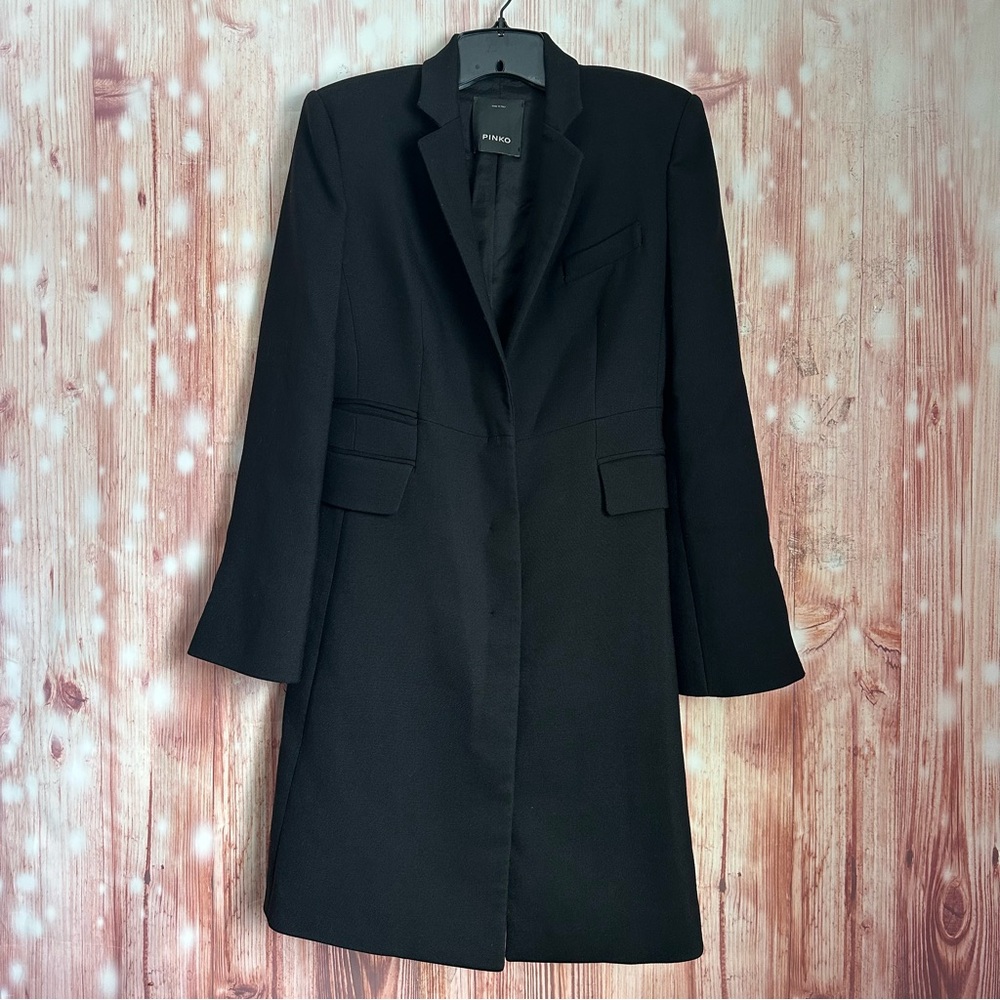 Pinko Black Single Lapel Covered Snap Long Pea Coat Size 4